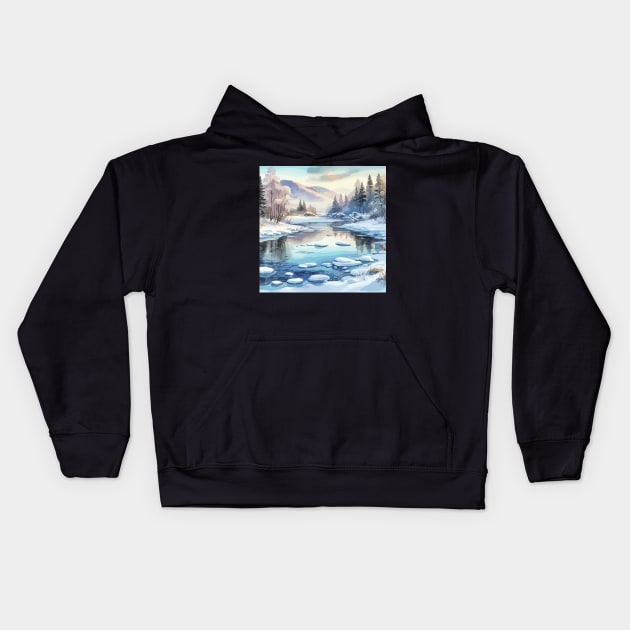 Winter Lake Winter Landscape Kids Hoodie by Siha Arts